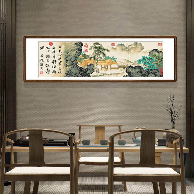 手工刺绣2023新款十字唐寅事茗图新中式山水挂画纯手工客厅挂画
