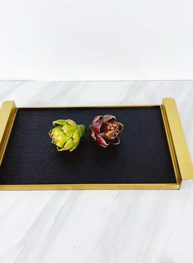 现代简约不锈钢长方形皮革托盘艺术软装饰品样板房间售楼处摆件