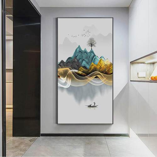 入户玄关装饰画现代轻奢风走廊过道壁画竖版新中式山水挂画寓意好