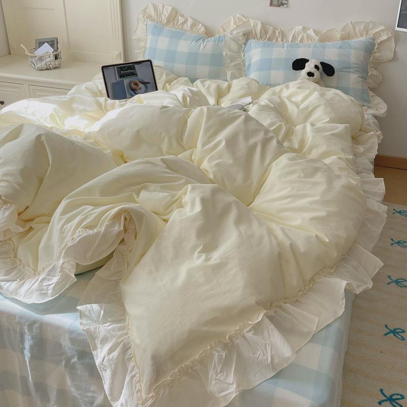 热销少女心大花边纯棉四件套全棉水洗棉奶油风被套格子床单三件套