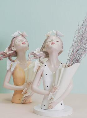 跨境创意北欧时尚蝴蝶女孩捧花树脂花盆花瓶干花轻奢软装装饰摆件