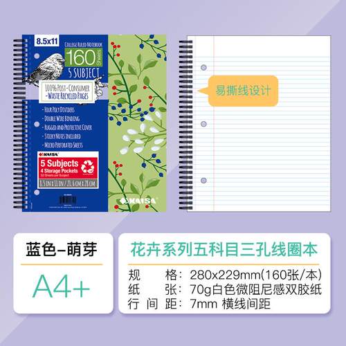 凯萨花卉繁花系列三孔线圈本160五科张目双线圈pu插袋索引线