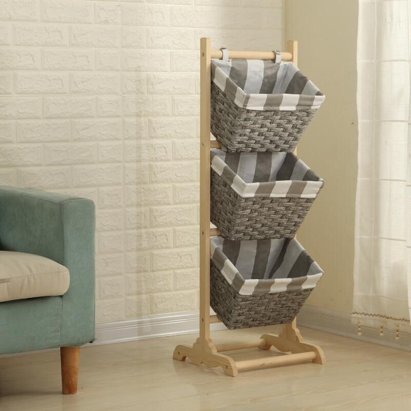复古田园风落地置物架实木藤编收纳储物架三层吊篮客厅架