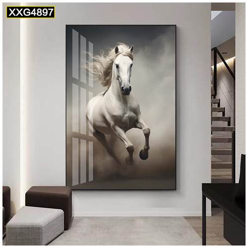 现代简约白色骏马客厅装饰画玄关走廊过道挂画竖版餐厅卧室墙壁画
