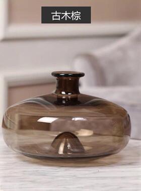 现代简约桌面圆形彩色插花玻璃花瓶客厅创意摆件扁圆花器摆件