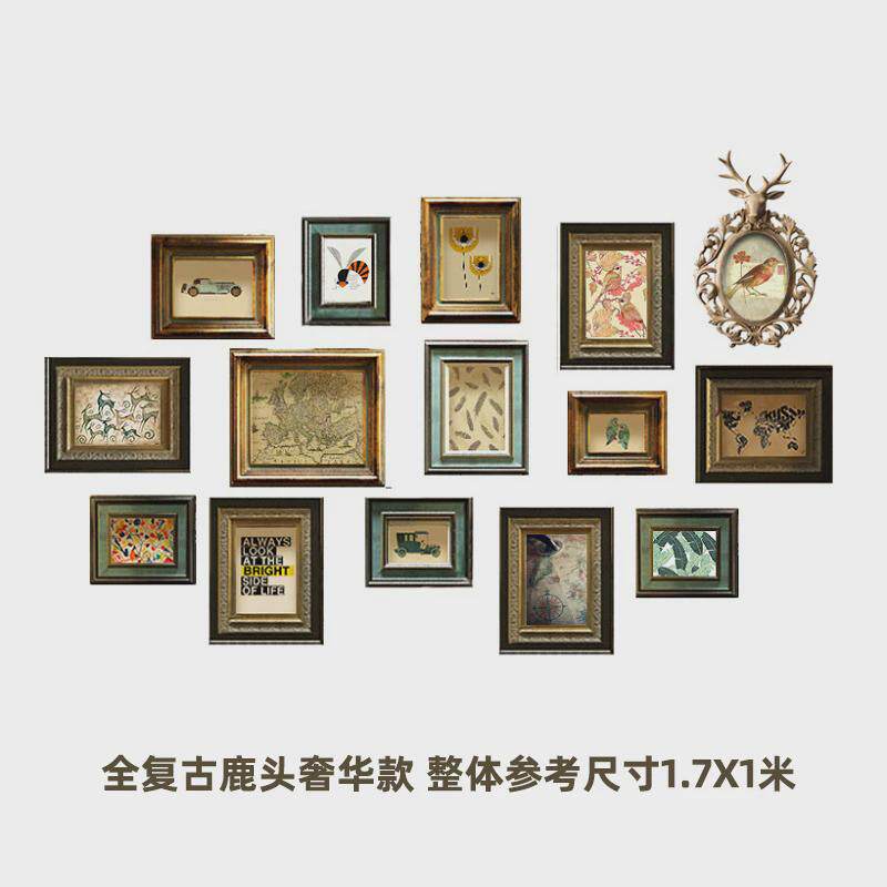 of9d实木美式照片墙装饰挂墙餐厅相框墙欧式鹿头客厅玄关组合画免