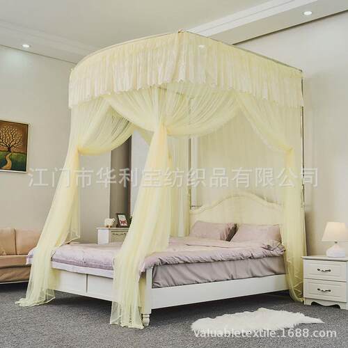 睡安新款双层纱U型升降伸缩上折合宫廷风单双人床三开门落地蚊帐
