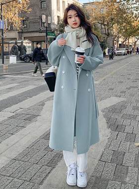 蓝色双面绒呢大衣2024年秋冬新款韩版宽松中长款系带毛呢女