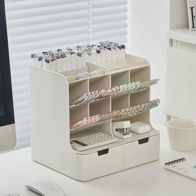 桌面收纳盒抽屉式美术生儿童文具整理盒马克笔画笔斜插笔筒置物架