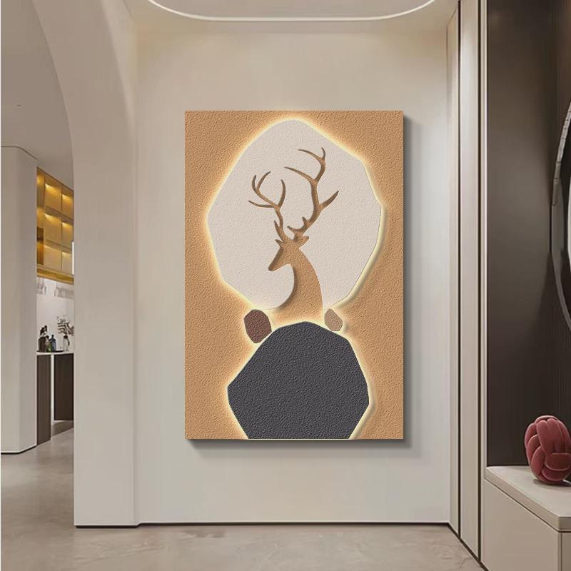 现代轻奢玄关装饰画立体麋鹿砂岩肌理挂画高级感客厅走廊过道壁画图片