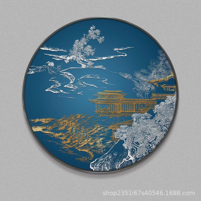入户玄关装饰画新中式古建筑圆形客厅背景墙挂画烫金过道走廊壁画图片