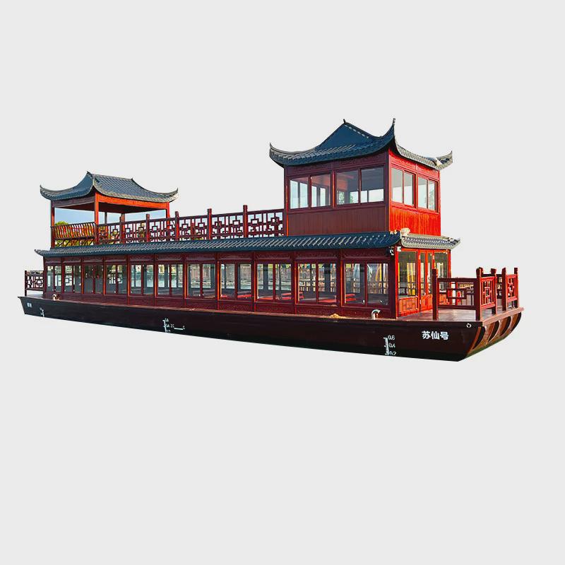 观光画舫船木船水上餐饮风景民宿装饰大型双层画舫船公园旅游游船