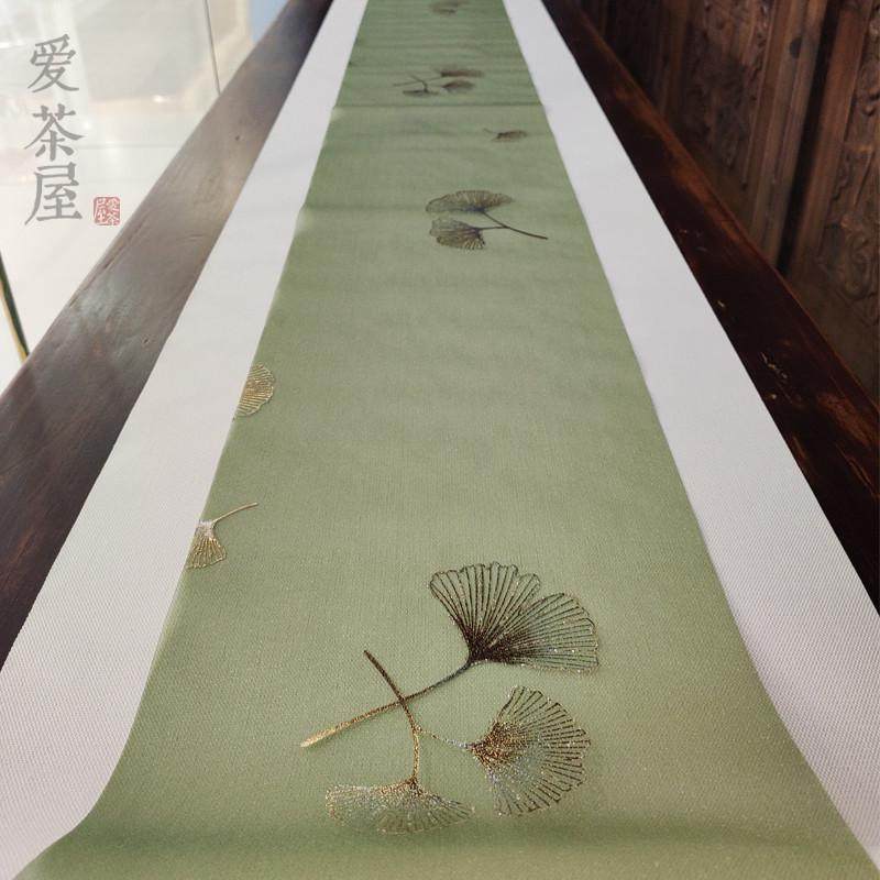 天色茶具防水席珍珠纱两条橄榄绿银杏叶烫金茶帘搭配桌旗多款茶道,居家布艺,桌旗,淘宝优惠券,粉丝福利购,淘宝优惠卷