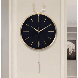 北欧铜鹿头铜外壳铜吊摆轻奢挂墙时尚客厅铜挂钟钟表时极简约铜钟