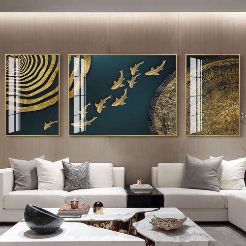 九鱼呈祥新中式九鱼图挂画沙发背景墙三联画客厅装饰画轻奢墙上