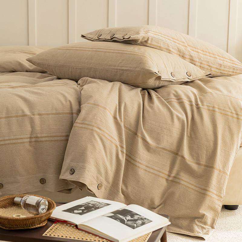 热销日式民宿风全棉水洗棉提花四件套纯棉纽扣款床单亲肤被套床上