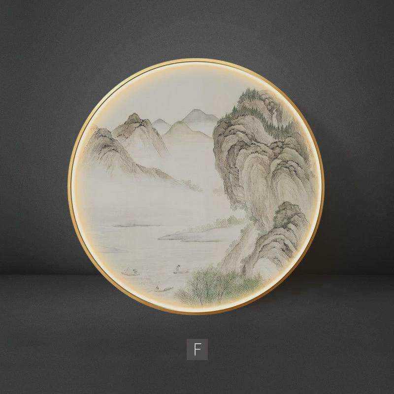 山水新中式禅意风景玄关装饰画发光LED氛围灯画国画书房挂画圆形