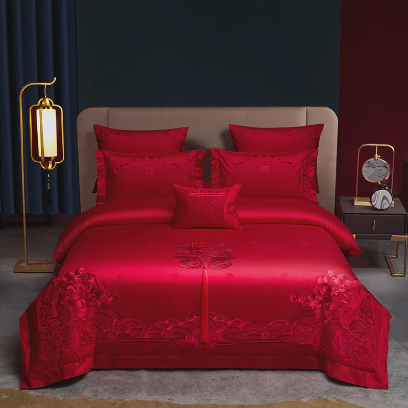 轻奢160支双股长绒棉被套婚礼结婚四件套全棉绣花大红婚庆六件套
