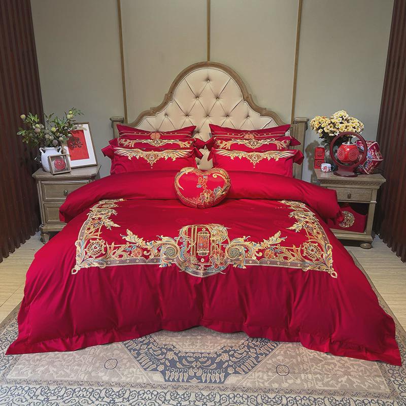 九喜狐结婚备婚床上用品四件套家纺嫁妆婚房布置全棉刺绣十件套