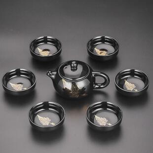 釉陶瓷品茗杯建盏茶壶整套石磨自动茶具 金叶乌金家用功夫茶具套装
