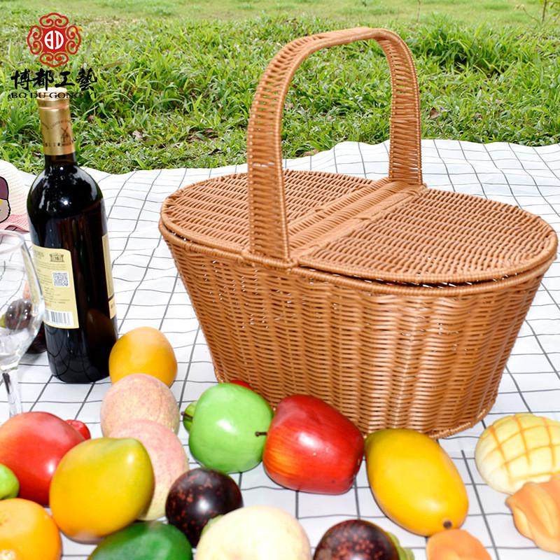 超市购物篮带盖手提篮仿藤编户外野餐收纳筐用买菜购物篮水果篮,收纳整理,橱柜收纳筐,淘宝优惠券,粉丝福利购,淘宝优惠卷