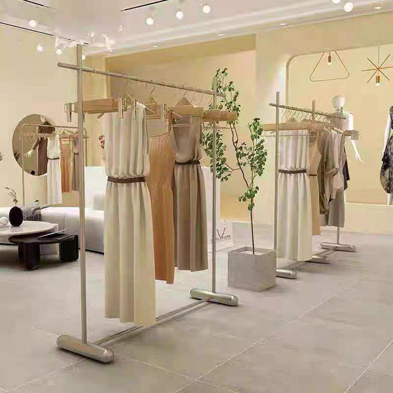 服装店不锈钢展示架落地式女装侧挂衣架单杠橱窗货架陈列道具