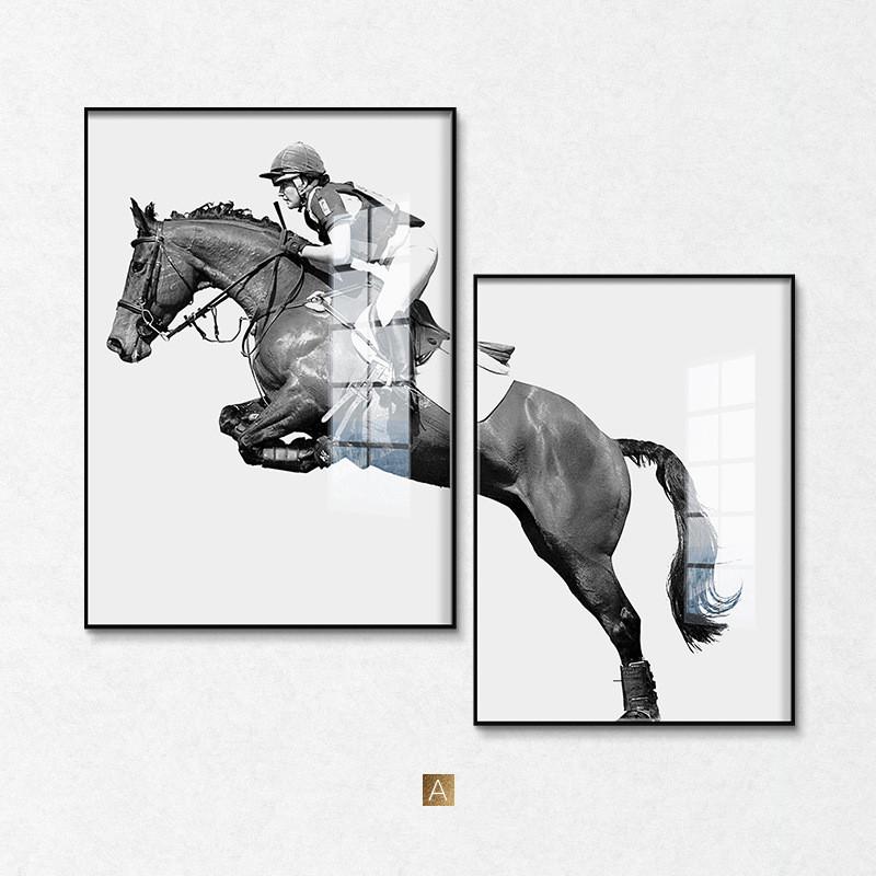 现代简约装饰画马术骑马客厅沙发黑白创意时尚艺术办公室墙画挂画图片