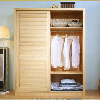 现代实木滑门衣柜带裤架松木推拉衣橱环保原木经济木质移动门