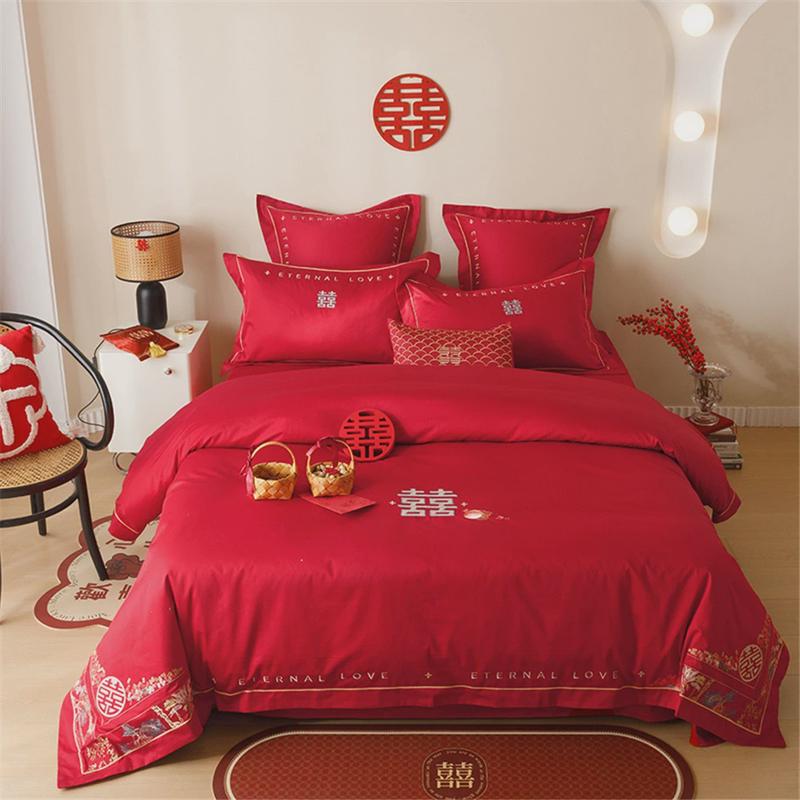 事事如意全棉红色新婚庆100支长绒棉刺绣四件套结婚陪嫁喜被床单
