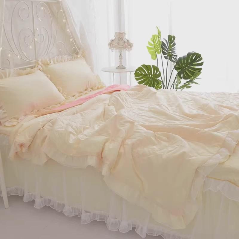 i9at床单四件套公主风床裙款床罩四季仙女蕾丝白纱被套少女心床上