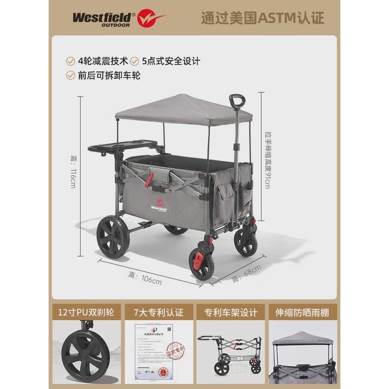 我飞户外遛车双胞二胎营地娃露营车折叠游乐园儿童手拉小推车防晒