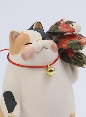 原创日式陶土年年有余萌猫咪居家桌面客厅车载小摆件乔迁节日礼物