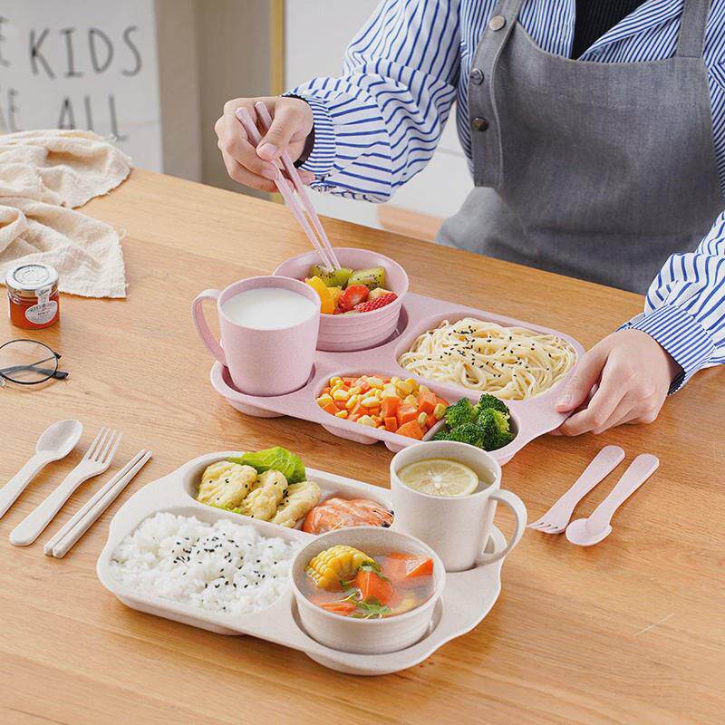 小麦秸秆餐具儿童宝宝餐盆带水杯家用分格盘早餐盘幼儿园餐具防摔