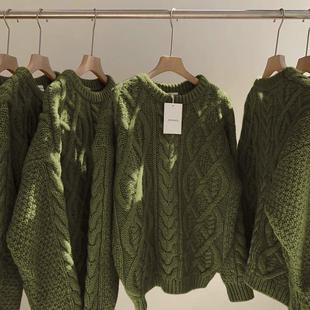 古着大码墨绿色麻花毛衣女加厚外穿秋冬宽松慵懒显瘦毛衫