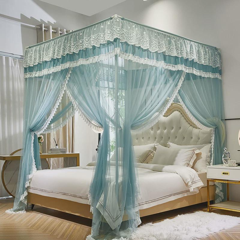 新款三开门落地宫廷蚊帐立柱床幔1.5m1.8米公主风支架1m2家用加密
