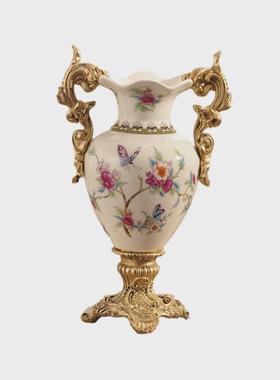 美式乡村双耳落地奖杯陶瓷花瓶创意家居客厅装饰欧式陶瓷波浪口瓶