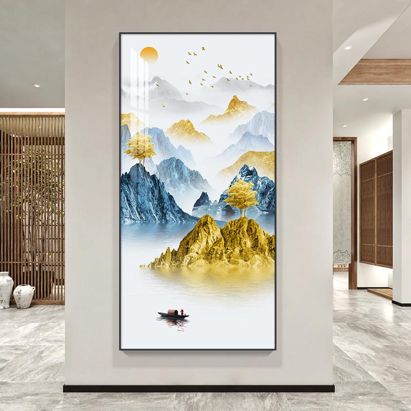 新中式玄关画山水挂画晶瓷壁画竖版玄关装饰画入户走廊过道山水画