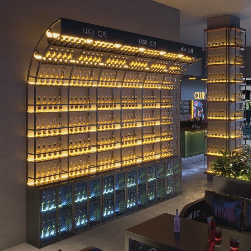 h音乐酒吧餐厅弧形墙上铁艺红酒架工业风发光装饰酒柜展示置物酒