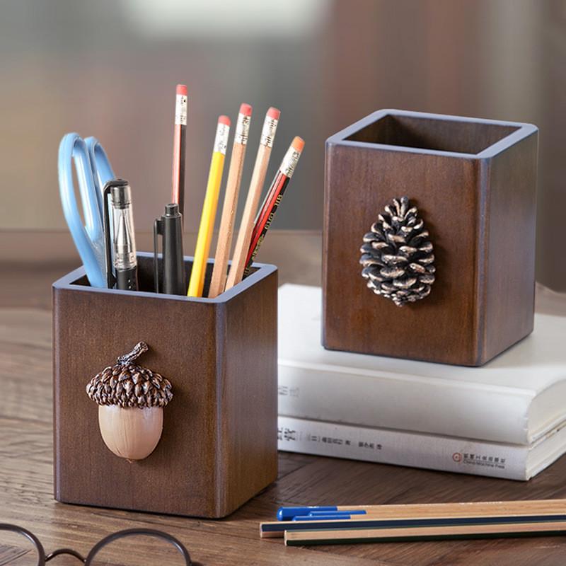 木质笔筒桌面摆件工艺品办公方形笔桶收纳盒中式创意教师节收纳筒
