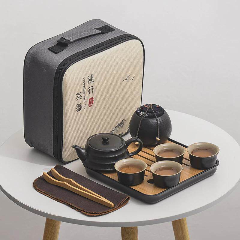 便携式旅行功夫茶具logo装户外家用简约茶盘茶壶茶杯黑陶茶具小套