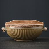 玖田烧日式 粗陶木盖干锅盘子大号家用陶瓷酒店餐具火锅盘明火深盘