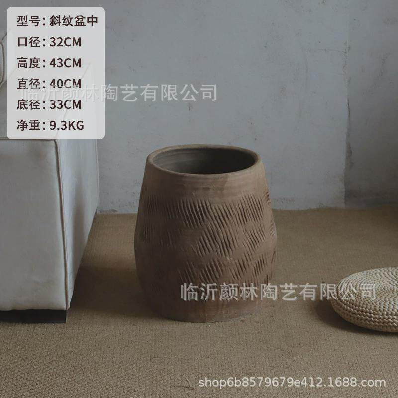 侘民宿风瓦盆仿古土陶盆落地大花盆寂装饰粗陶花瓶中式陶盆组合