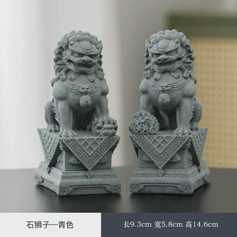 国潮中式青家居石狮一对摆件鱼缸造景瑞兽创意桌面砂石客厅装饰品