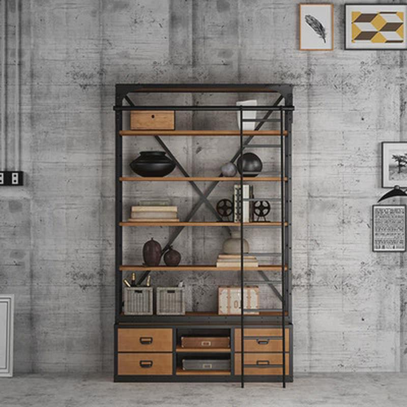实木架铁艺实木满墙书架简约复古落地书柜客厅工业风多层置物架