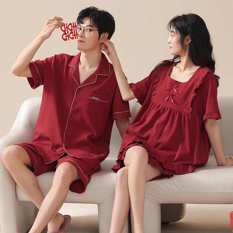新品夏季纯棉情侣睡衣短袖新婚结婚喜庆本命年红色薄款全棉家居服