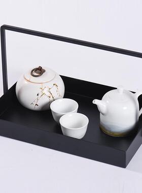 热销新中式铁艺提篮样板间软装现代托盘酒店创意黑色铁艺茶托爆品