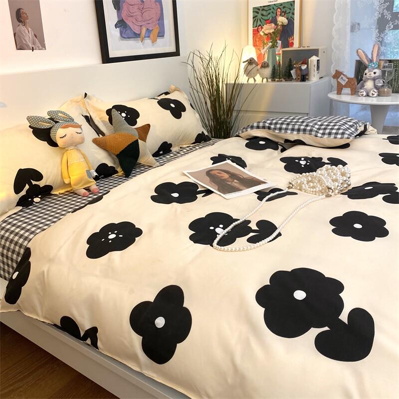 a5l黑白小简约赫本风碎花床上用品四件套ins韩式床单被套单人三件