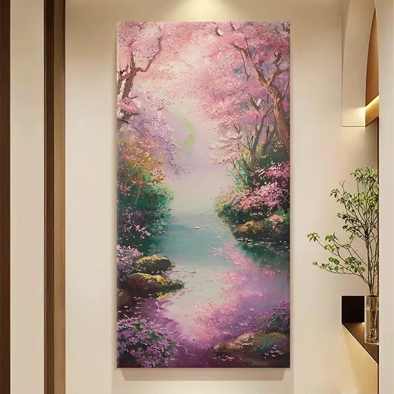 莫奈花园手绘油画手工丙烯玄关装饰画奶油风治愈风景花卉客厅挂画图片