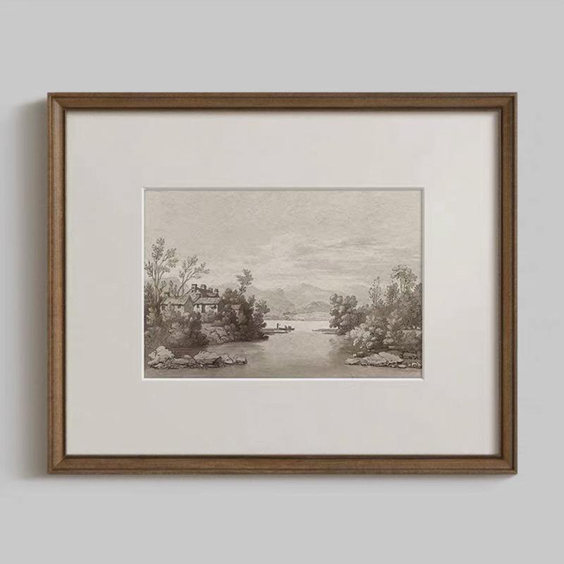 风景素描版画法式黑白复古客厅装饰画美式中古风餐厅玄关走廊挂画图片