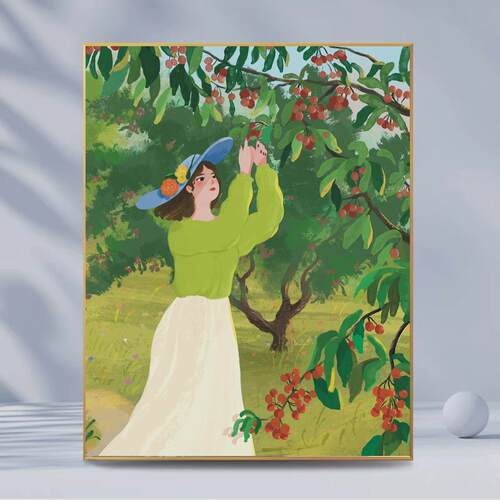 9zrt【春日女孩】数字油画diy手工填色猫咪油彩画郁金香樱桃